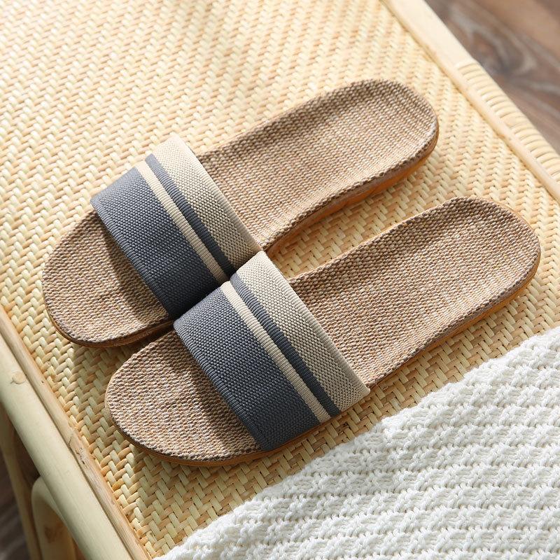 

Удобные льняные шлепанцы - Полосатые летние туфли на плоской подошве с открытым носком, Мягкие, дышащие, Домашние и уличные тапочки с подошвой из ЭВА 44-45 серый