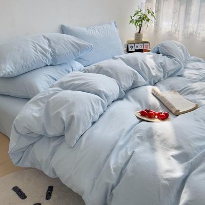 INS Korean Style Fresh Blue Duvet Cover Washed Cotton Bed Sheet Bed Skirt Four-Piece Set Dormitory Simple Solid Color