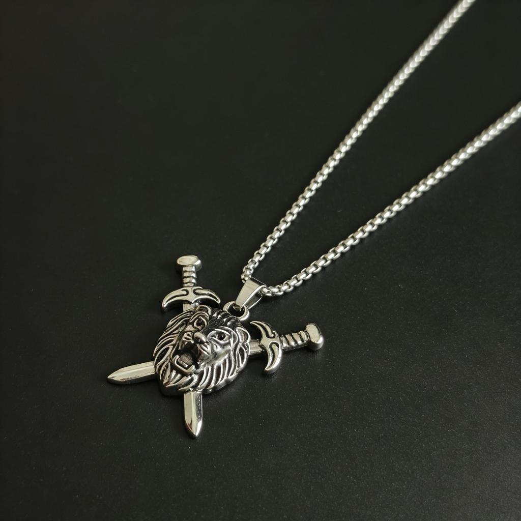 Retro Stainless Steel Lion Head Sword Pendant Necklace - European & American Hip Hop Style