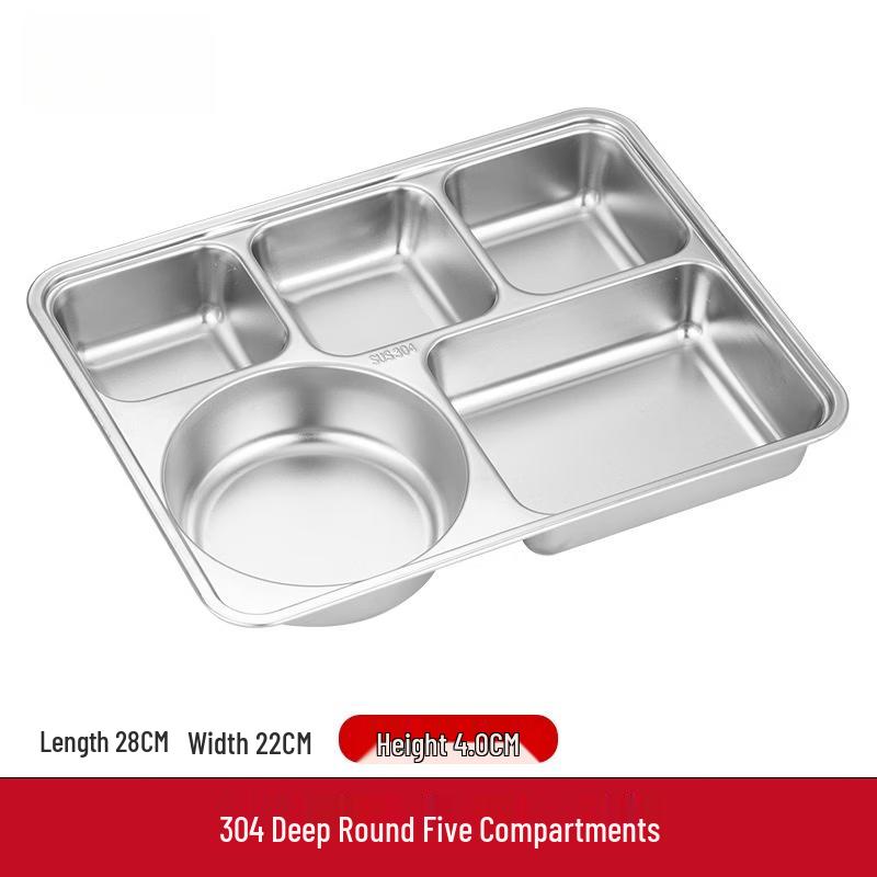 304 Stainless Steel Deep 5-Compartment Divided Student Dining Plate