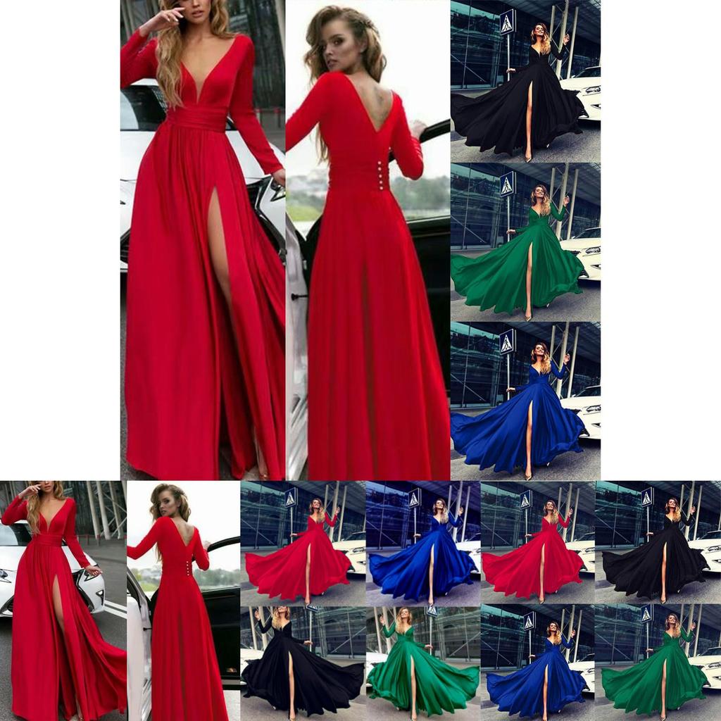 Women Deep V Neck Long Sleeve Slit Prom Gown Dress Elegant Bridesmaid Evening Maxi Dress