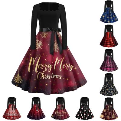 Robe Évasée à Imprimé Noël Pour Femmes Robe à Manches Longues Creuse Fête Décontractée Robes à Col Carré