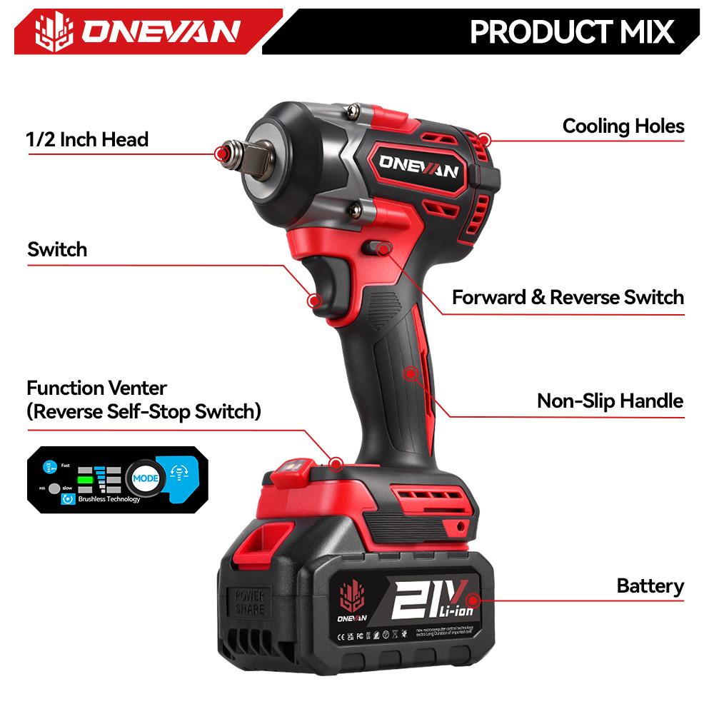 ONEVAN 1000N.M Brushless Electric Impact Wrench 1/2" Cordless Screwdriver Torque Wrench Power Tool For Makita 18V Battery Pin