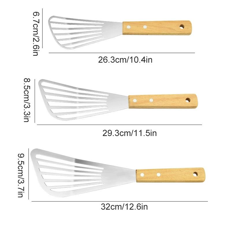 1PC Wooden Handle Non-slip Stainless Steel Kitchen Frying Spatula Cookware Frying Fish Spatula Frying Shovel Leaky Shovel