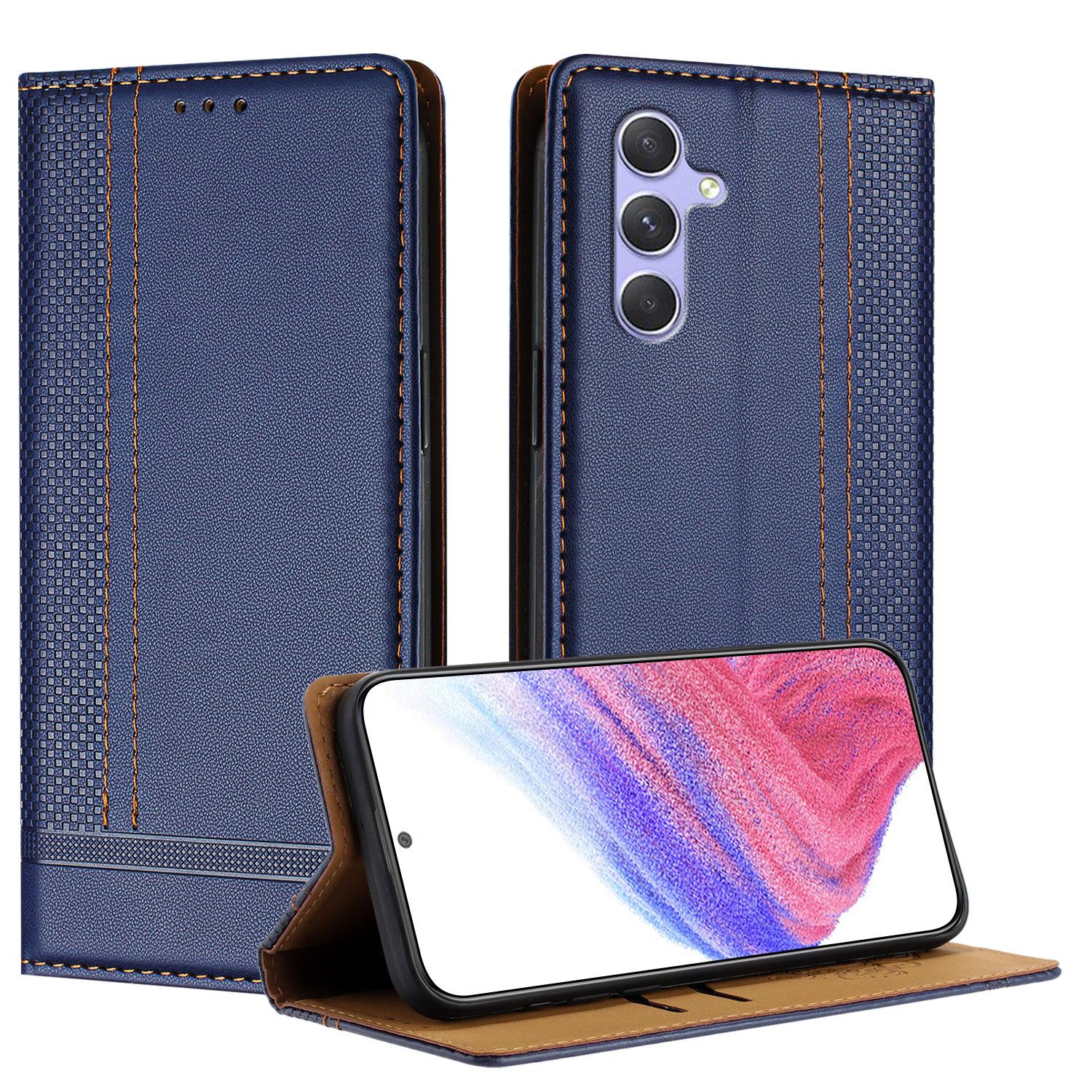

For Samsung Galaxy A54 5G Case L-Shaped Grid Pattern Leather Stand Phone Cover with Card Slots Blue