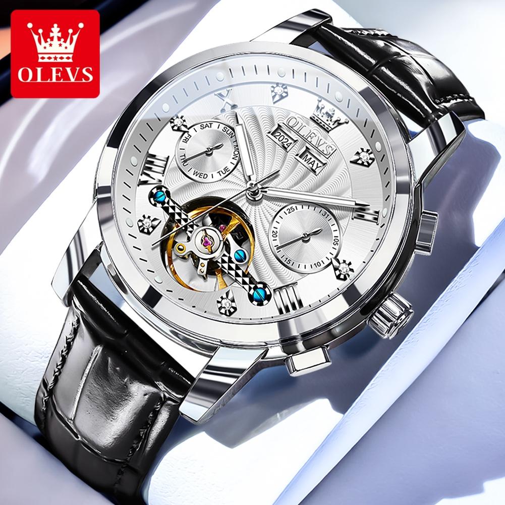 OLEVS Men's Watches Luxury Fashion Fine Steel Original Automatic Mechanical Watch for Man Flywheel Movement Calendar Waterproof