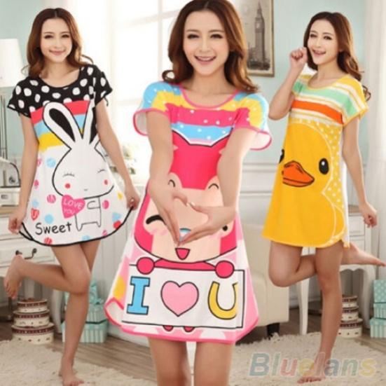 Cute Women Cartoon Panda Sleepwear Pajamas Short Sleeve Sleepshirt Nightdress