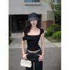 Pure Back Lace Square Neck Short Sleeve T-Shirt Women's Spring Front Shoulder T-Shirt Slim Skinny Big Neckline Spice Girl Top