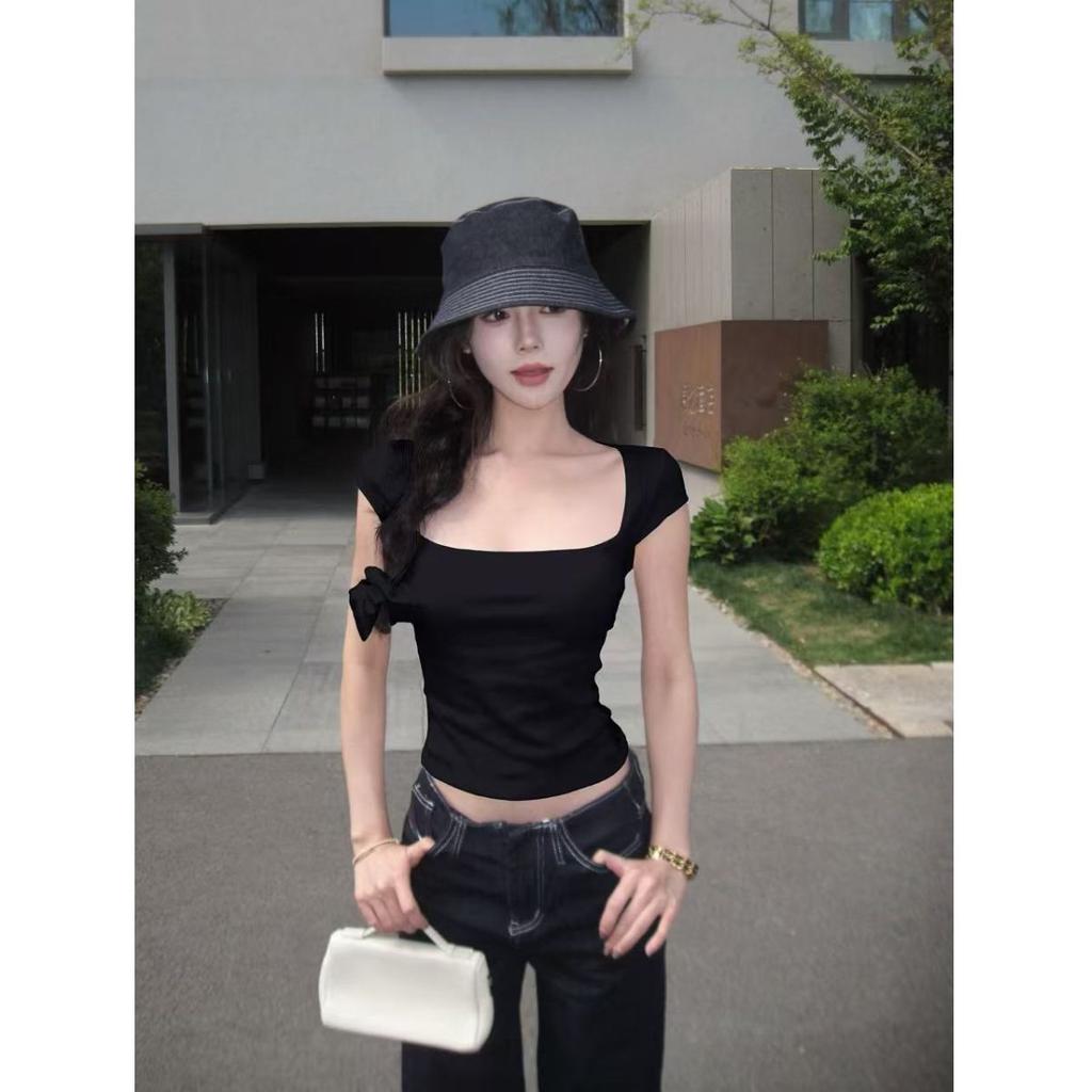 Pure Back Lace Square Neck Short Sleeve T-Shirt Women's Spring Front Shoulder T-Shirt Slim Skinny Big Neckline Spice Girl Top