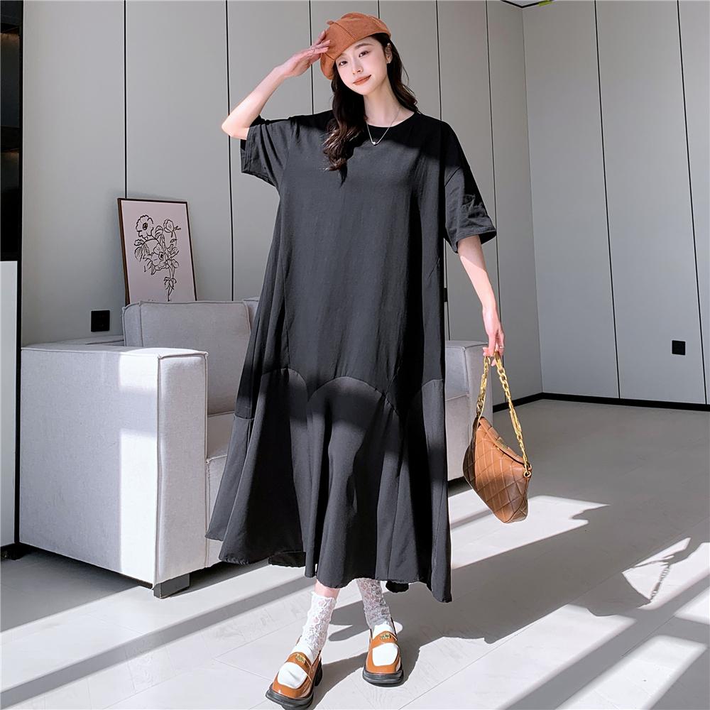 

DIMANAF 2024, летнее платье-футболка больших размеров, женское свободное винтажное хлопковое повседневное базовое платье с короткими рукавами и длинными рукавами XL чёрный