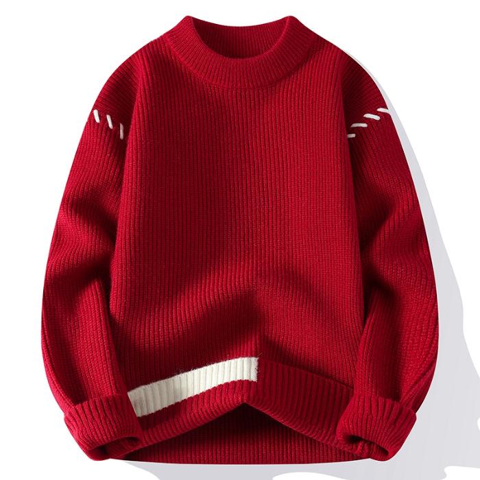 Men's Thickened Red Sweater for Autumn/Winter - Warm, Knitted, Round Neck, Trendy Base Layer