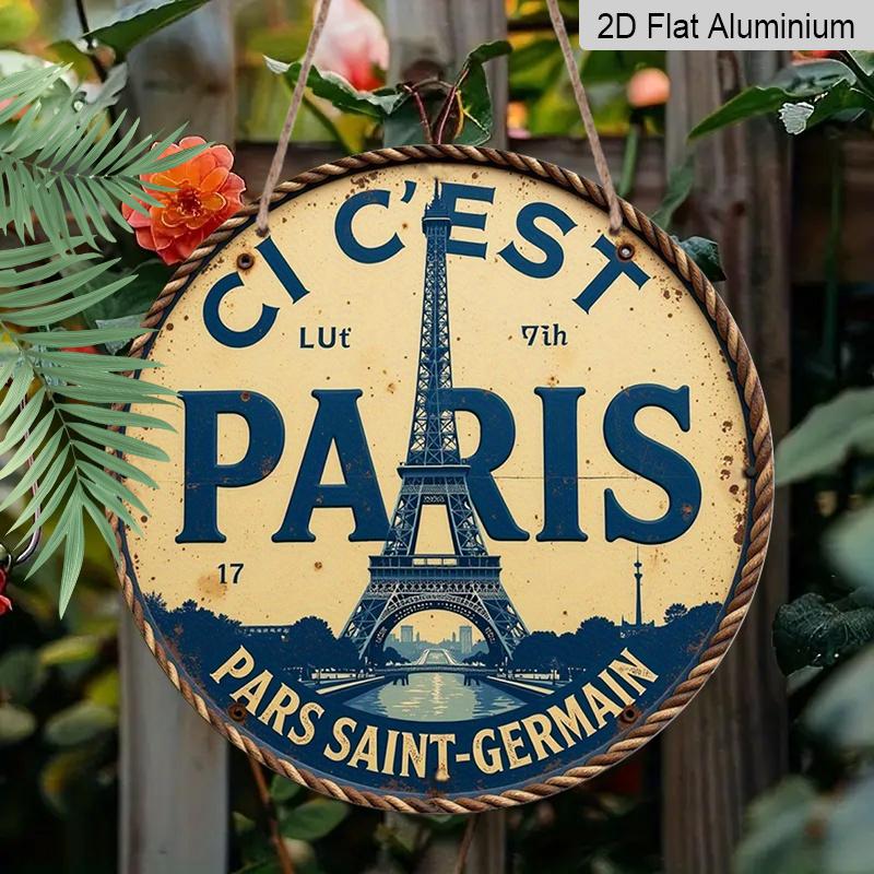2D Flat, 1pc Vintage-Inspired Paris Eiffel Tower Art - Rustic Round Aluminum Sign with Inspirational Quote, Perfect for Living Room, Bedroom, or