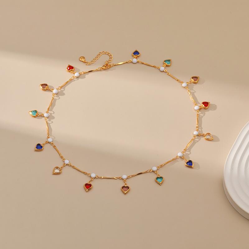 Multicolor Heart Glass Diamond Sweet Ethnic Style 18k Gold Plated Clavicle Necklace For Women