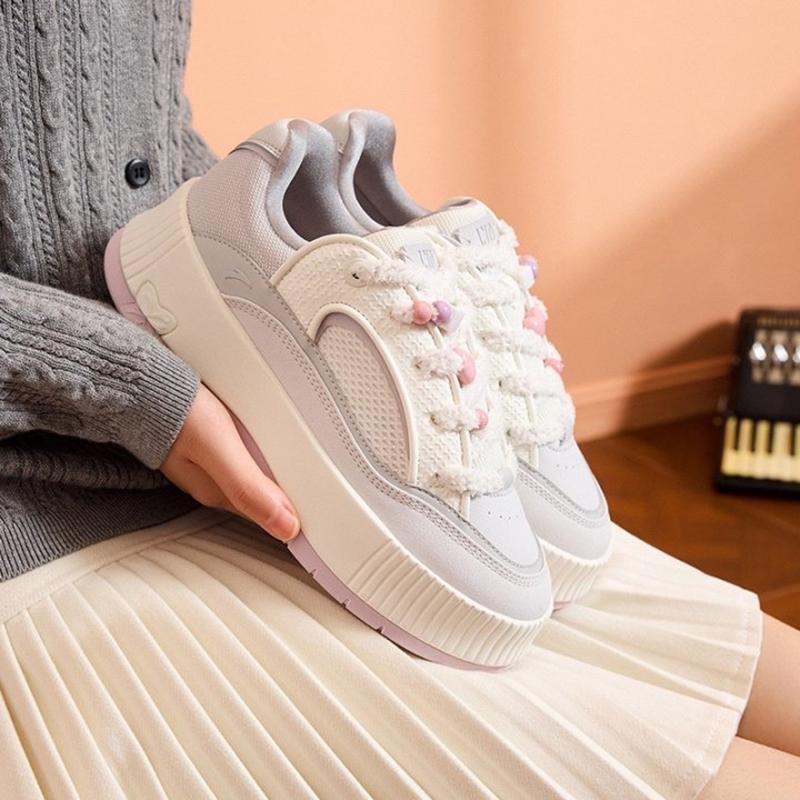 Anta Mousse Thick Sole Versatile Wear Resistant Breathable Low Top Skate Shoes Women Sneaker White Pink 122548035-1