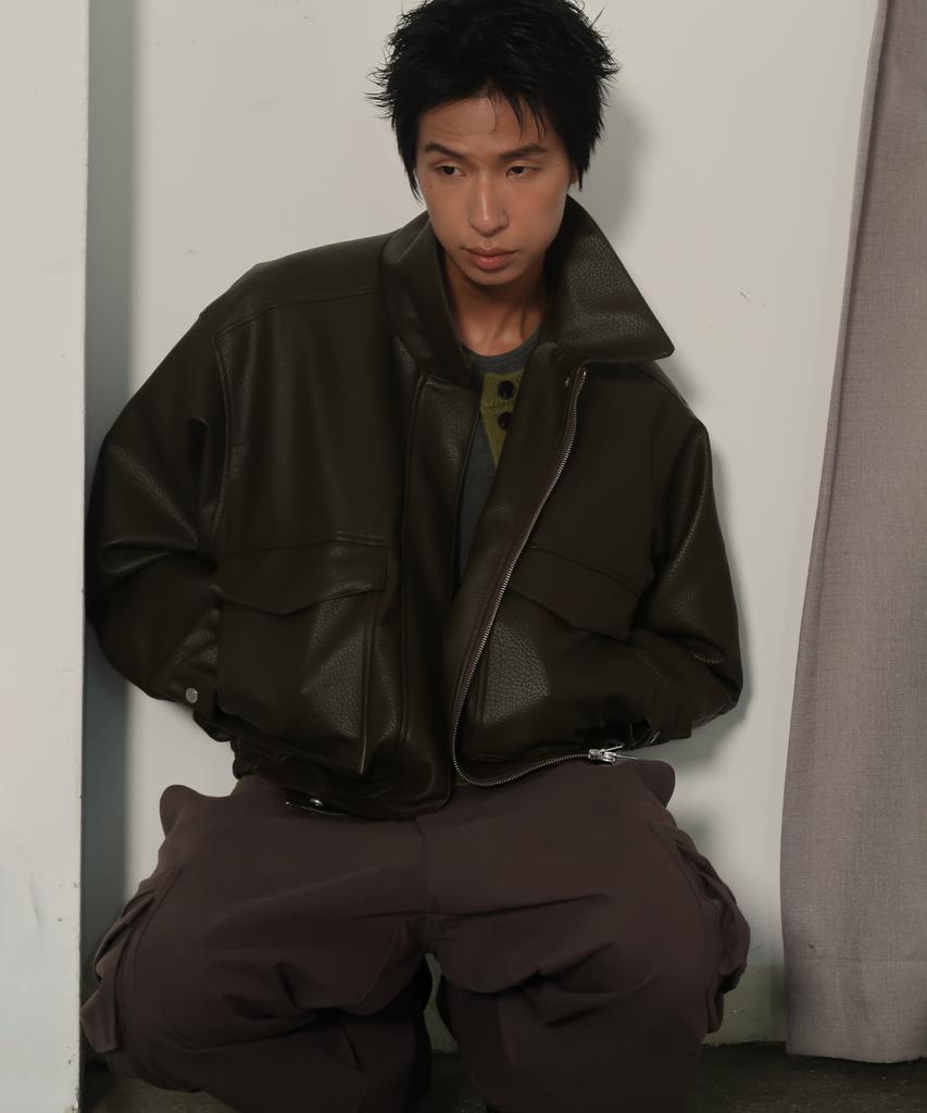 PLACESTUDIOMAN Veste Blouson Oversize Vintage à Grande Poche, Col Simple, Standard, Deux Sens, en Cuir_2 Couleurs