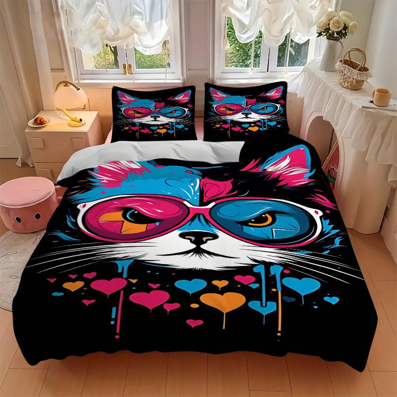 3pcs Colorful Cat with Sunglasses Bedding Set - Includes Quilt Cover and Pillowcases, Suitable for All Seasons,