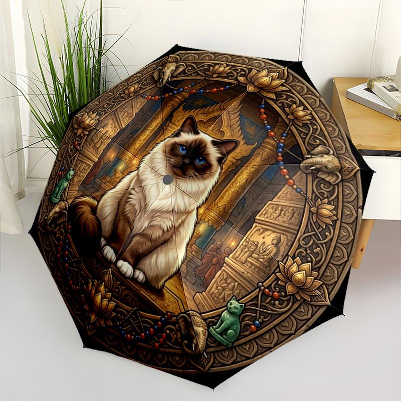 Temple Cat pattern umbrella, portable and foldable design, 8 ribs, a casual accessory for Halloween, Christmas, and birthday gifts.