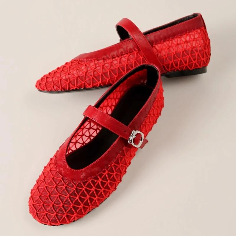 Fashion Comfortable Breathable Mesh Brand Ballet Flats Women Fashion Round Toe Buckle Mary Jane Shoes Summer Lightweight Casual Shoes