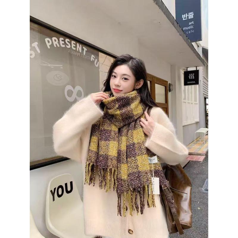 New Maillard Imitation Cashmere Plaid Shawl for Women Autumn and Winter Scarf Korean Style Atmosphere Thickened Warm Scarf