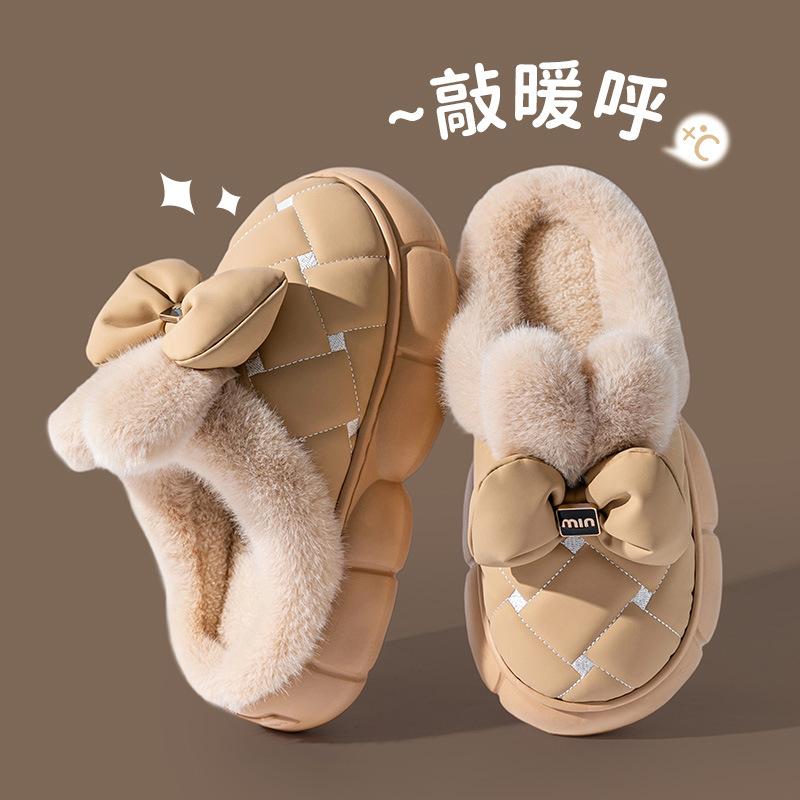 Bow cotton slippers winter piled thickened plush warm non-slip bag and home outdoor cotton shoes winter