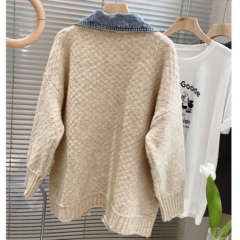 Fashion Casual Denim Spliced Long Sleeve Knitted Cardigan Loose Thick Women Sweater Coats Winter Autumn