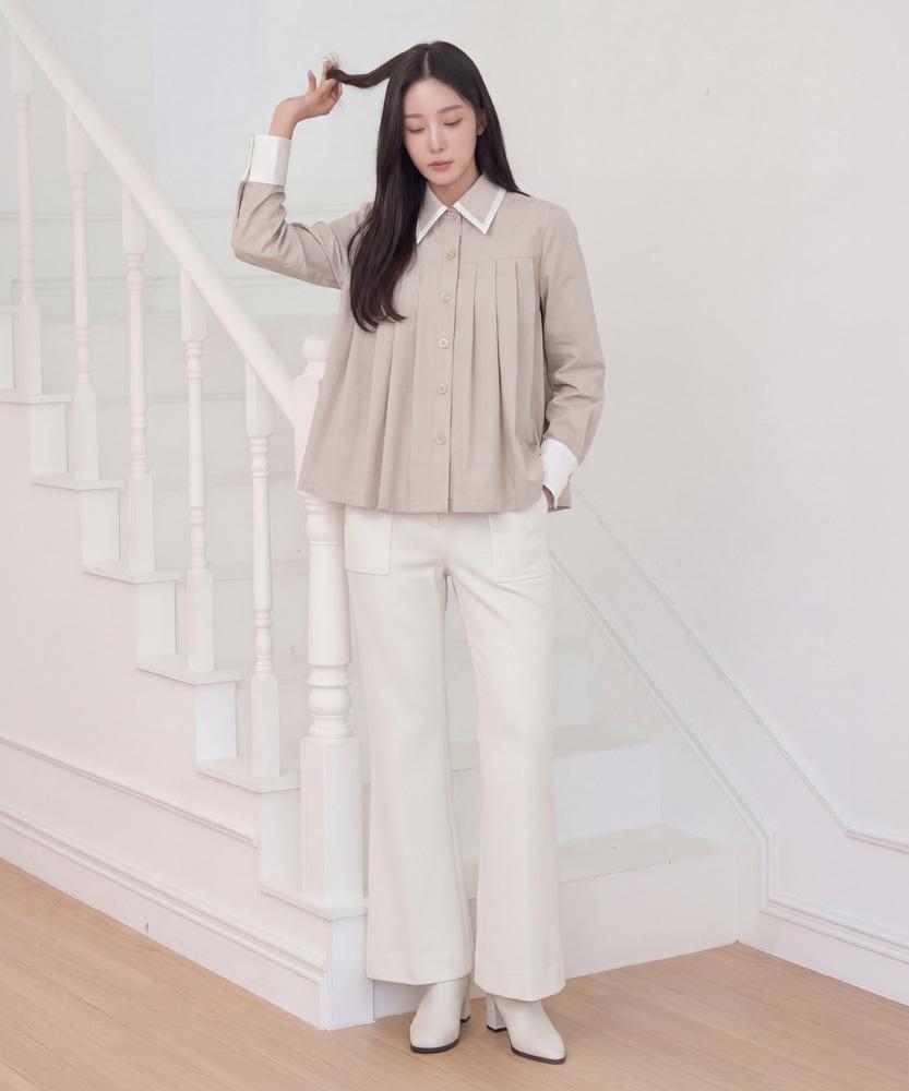 LBYL White Collar Beige Cotton Pleated Blouse