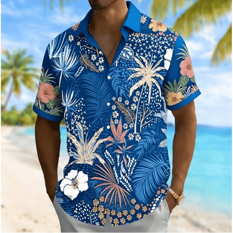 Men's Tropical Floral Print Short Sleeve Shirt, Spring Summer Beach Vacation Casual Top