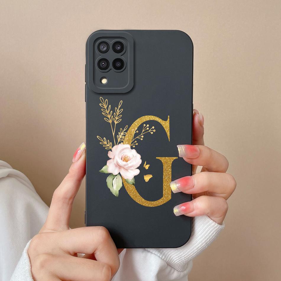 Elegant Case For Samsung M22 M32 4G 5G Rose Letter Phone Shell Lens Protective Cover For Galaxy M32 M22 Liquid Silicone Bumper