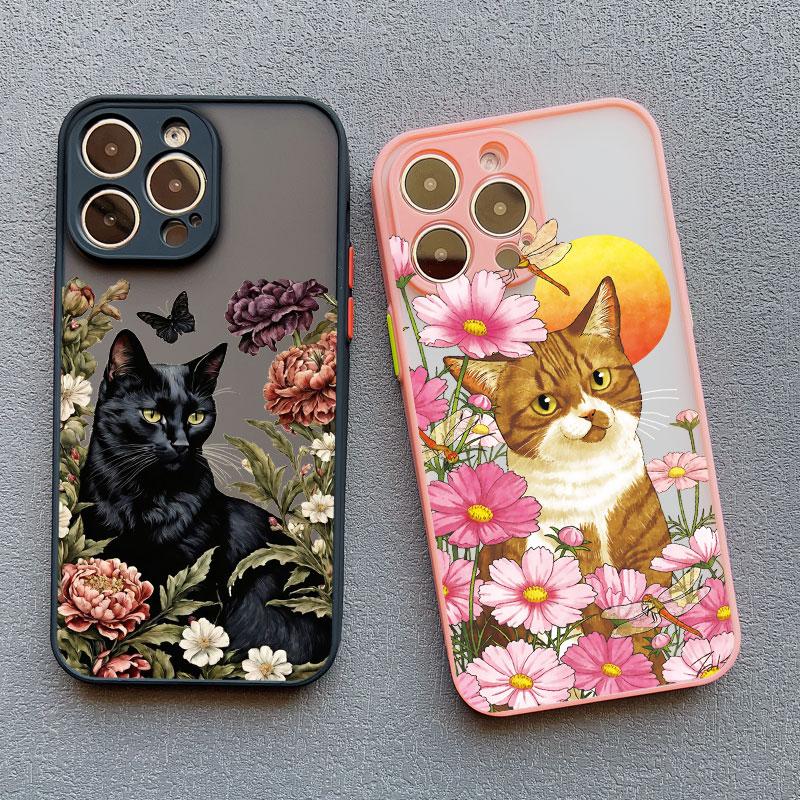 Lovely Black Cats And Flower Phone Case For iPhone 17 16 15 14 13 12 11 Pro Max Mini 15 14 Plus XR X XS Shockproof Back Covers