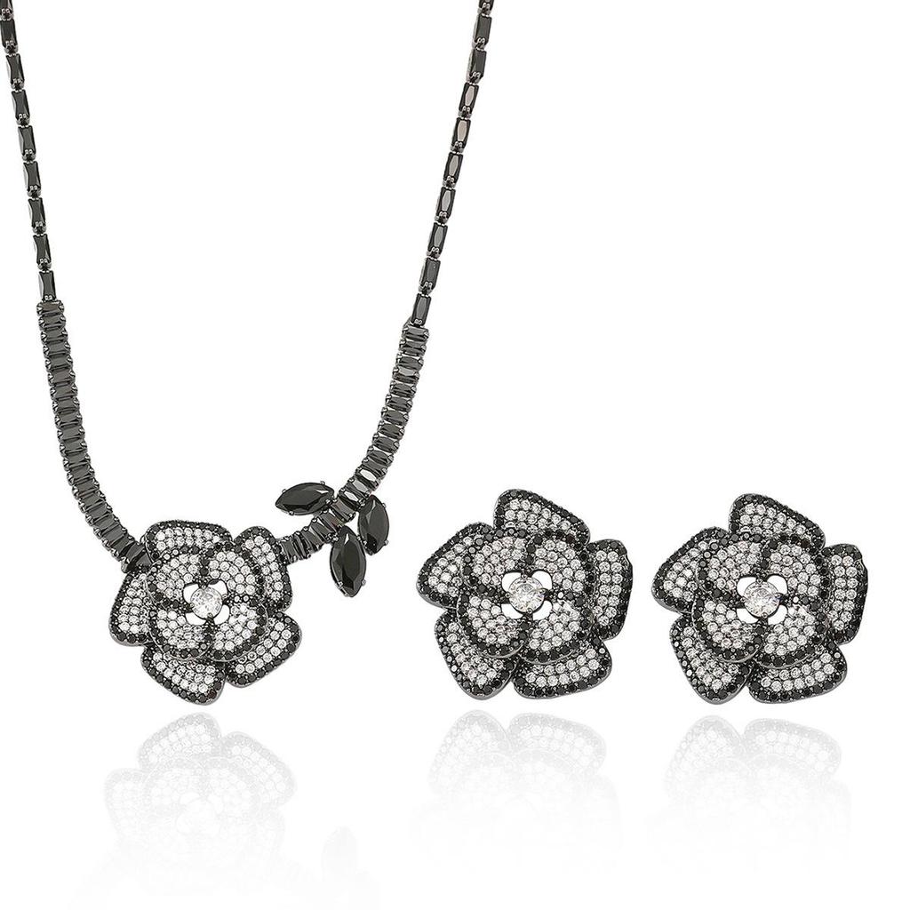 Black Rose Zirconia Flower Necklace and Earrings Set for Women