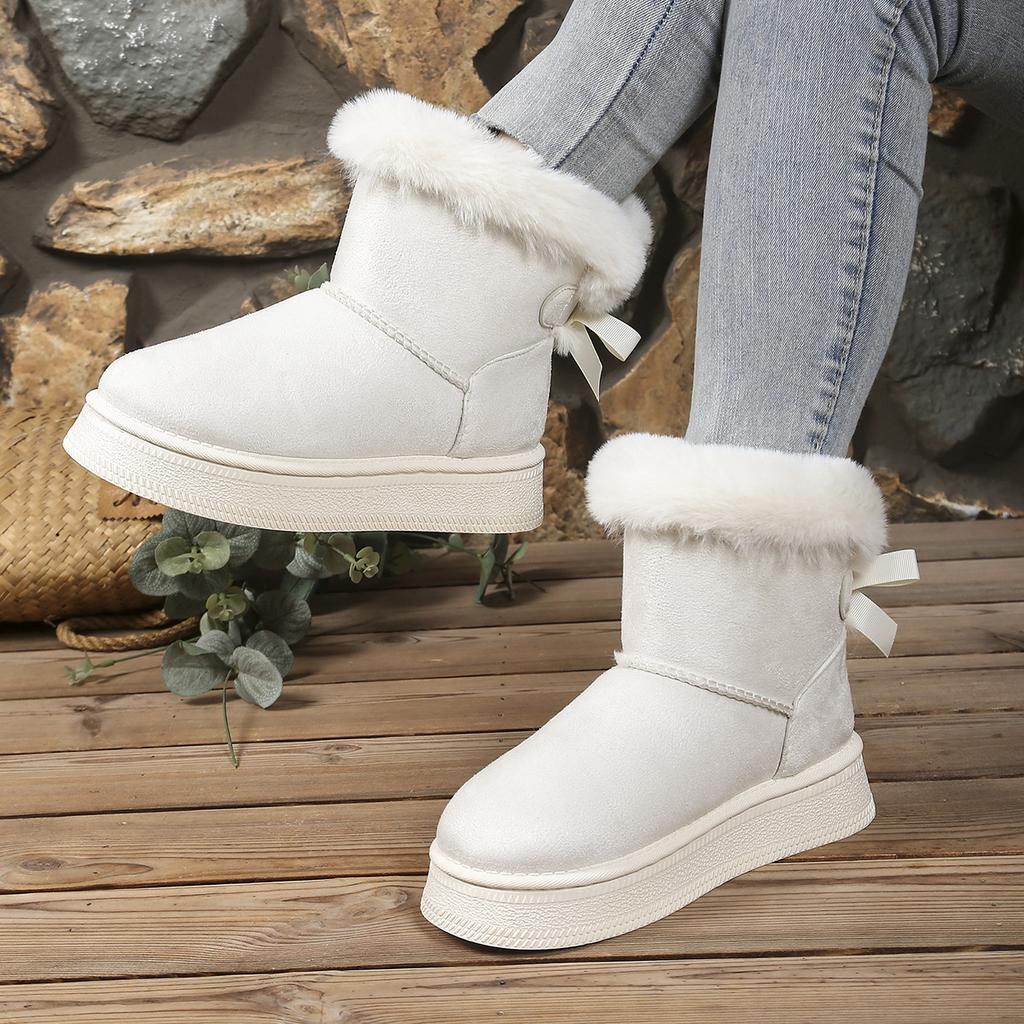 Large Size Short Snow Boots Women's Autumn and Winter New Bow Thick-soled Piled Thickened Warm Cotton Boots