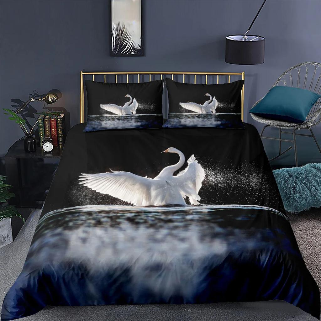Swan Duvet Cover Black And White Swan Duvet Cover Queen Bird Comforter Cover Microfiber Romantic Flower Wild Animals Quilt Cover