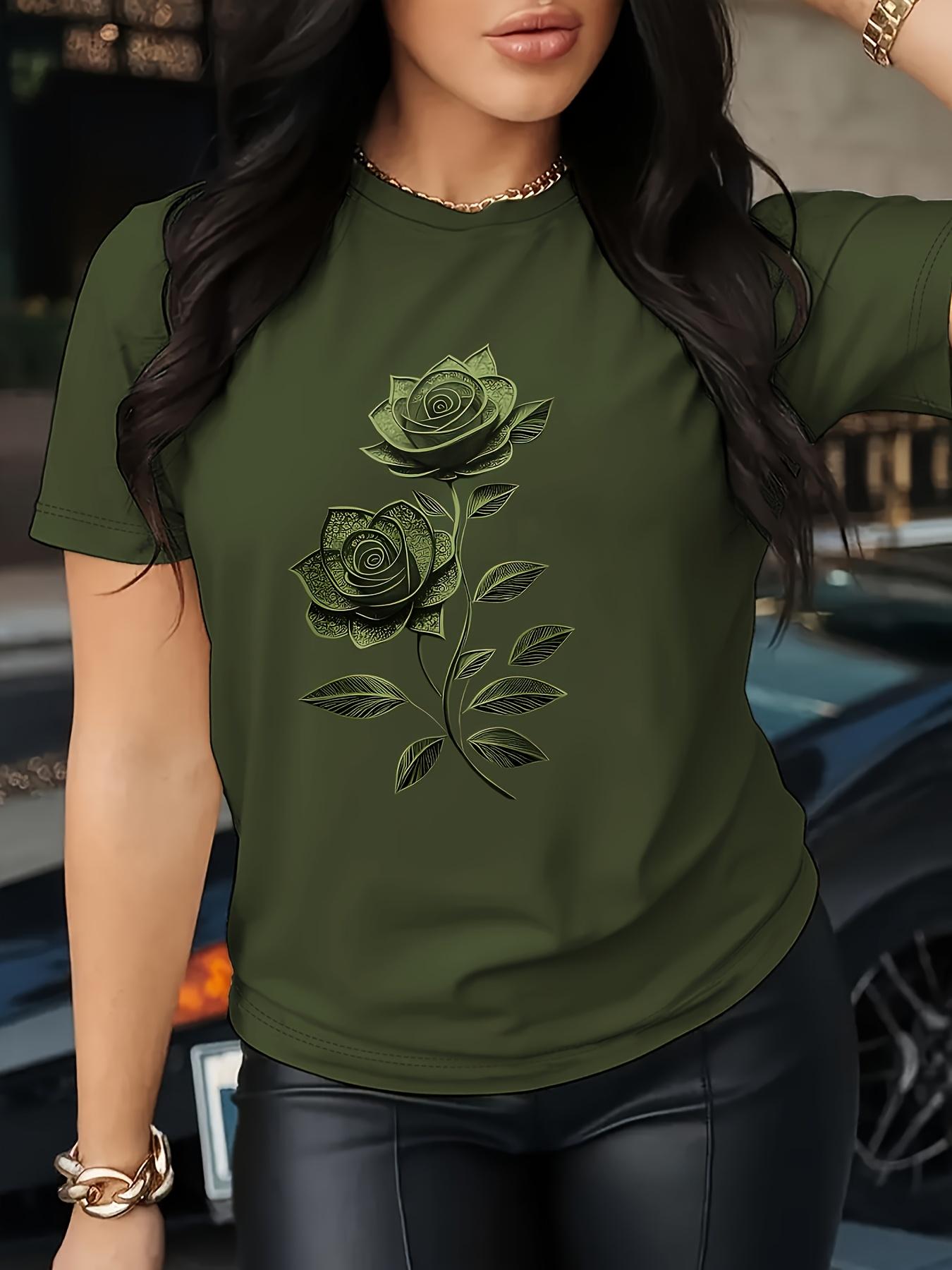 Elegant Women s T-Shirt | Unique Rose Pattern - Casual Crew Neck Top XXS