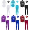 Tricou de gimnastică pentru fete cu strasuri strălucitoare și corp din plasă: Guler înalt, Mânecă lungă, Spate decupat, cu top coordonat, colanți și bandă de păr
