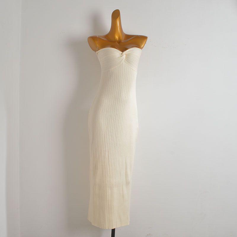 

Solid Sexy Twisted Tube Top Knitted dress Women Spring and Summer New Waist Hugging Slimming Hip Skirt Long Base Skirt Apricot L