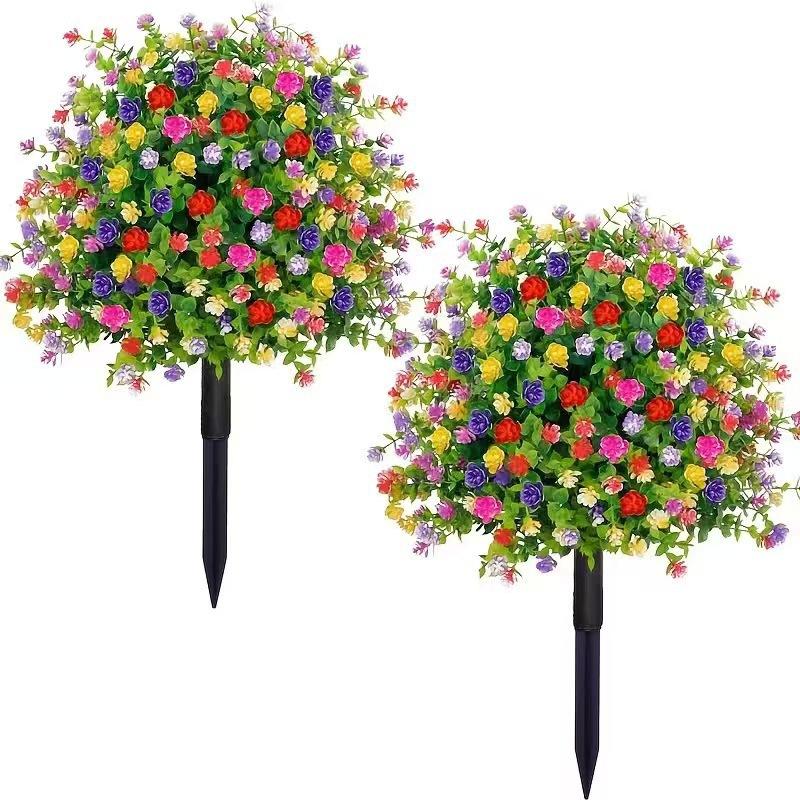 2Pcs Artificial Camellia Eucalyptus Ground Plug Flower Topiary Ball Tree UV Resistant Fake Outdoor Plants For Garden Yard Lawn Patio Decor