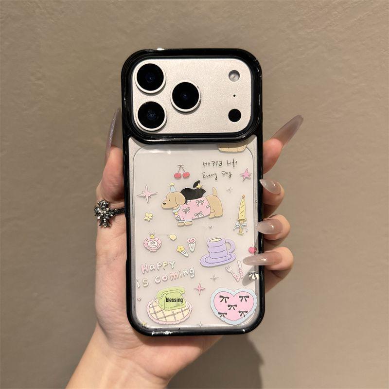 

Pink Dachshund Phone Case for Apple 13-17 Pro Models, Korean Style, Black Frame & Acrylic Frosted Finish Apple 15 Plus