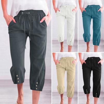 Kurze Damenhose mit elastischer Taille, verstellbarem Kordelzug, lässige Hose mit Taschen, sportliches Design mit lockerem Bein und mittelhoher Wadenlänge