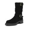 Krazing Pot Fashion Cow Suede Nubuck Winter Round Toe Modern Boots Med Heels Slip on Pleated Style Metal Buckle Mid-calf Boots