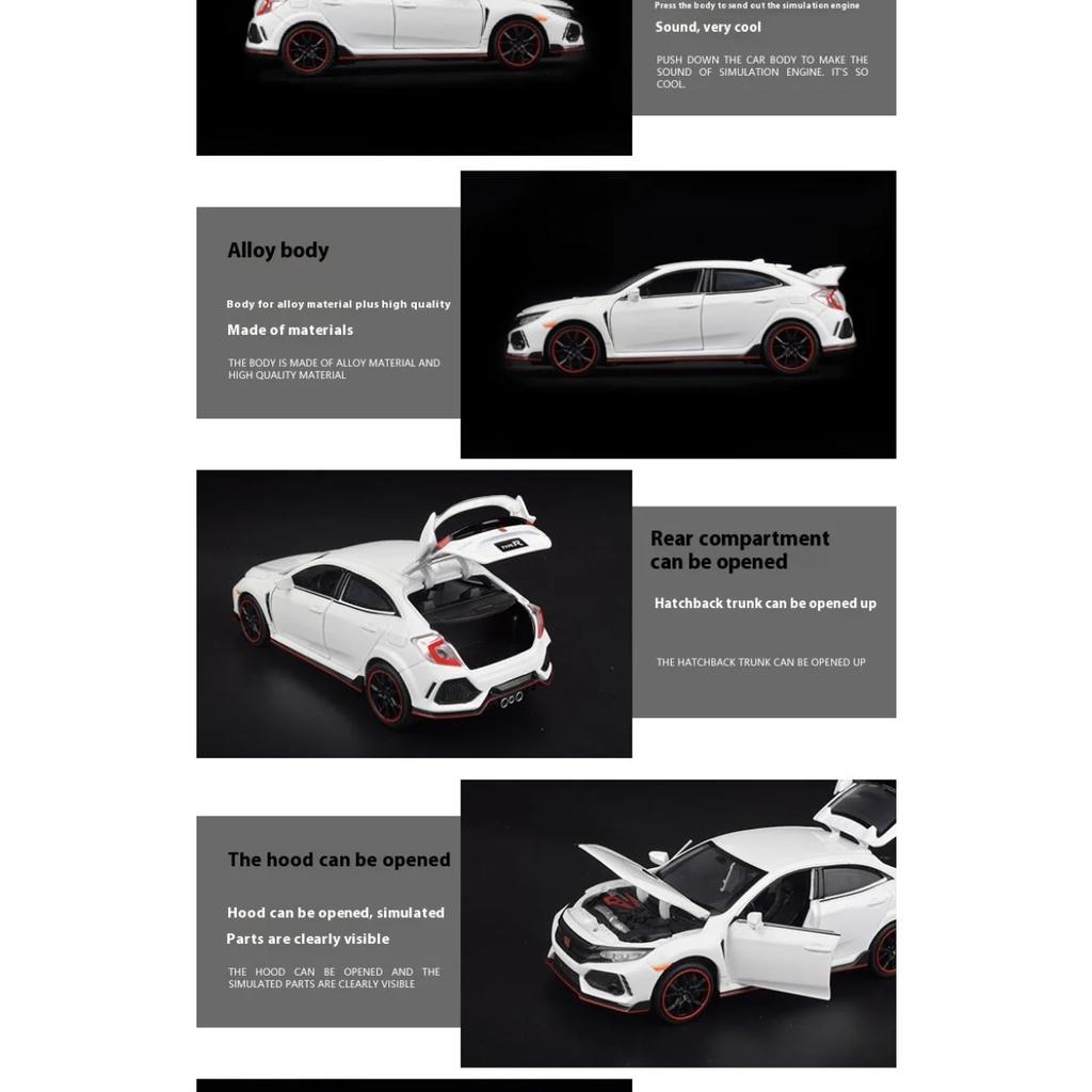 Honda Civic Type-R Supercar-Modell aus Metallguss im Maßstab 1:32 mit Sound und Lichteffekten – ideal für die Schreibtischsammlung, als dekoratives Geschenk für Jungen.