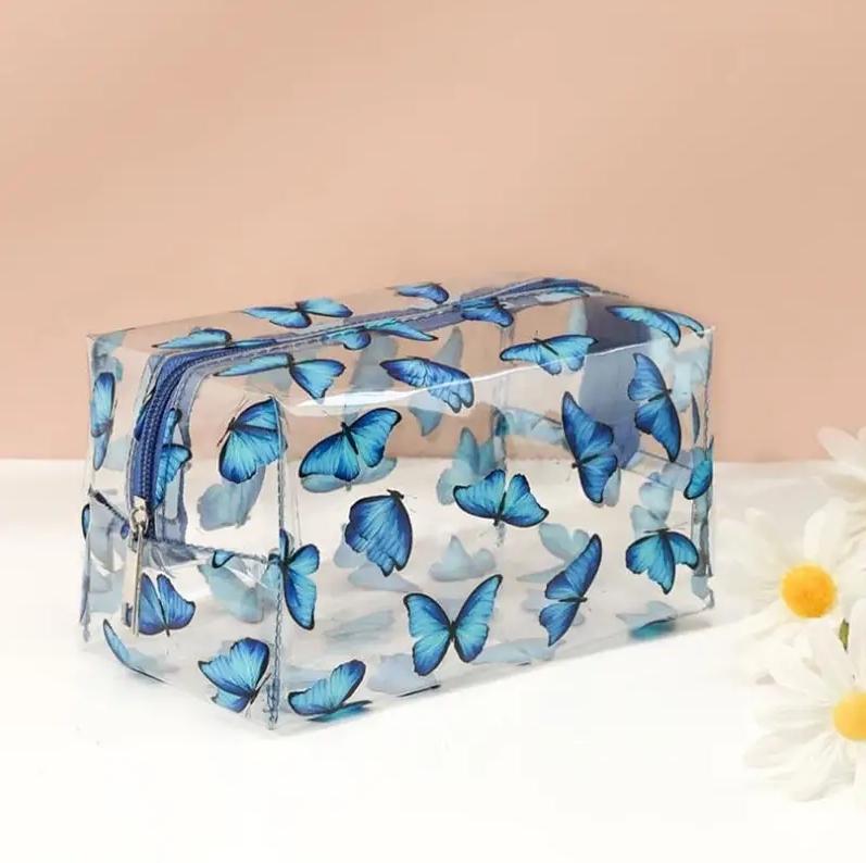 

Printed makeup organizer, blue butterfly pencil case, PVC makeup bag, waterproof travel and storage toiletries bag
