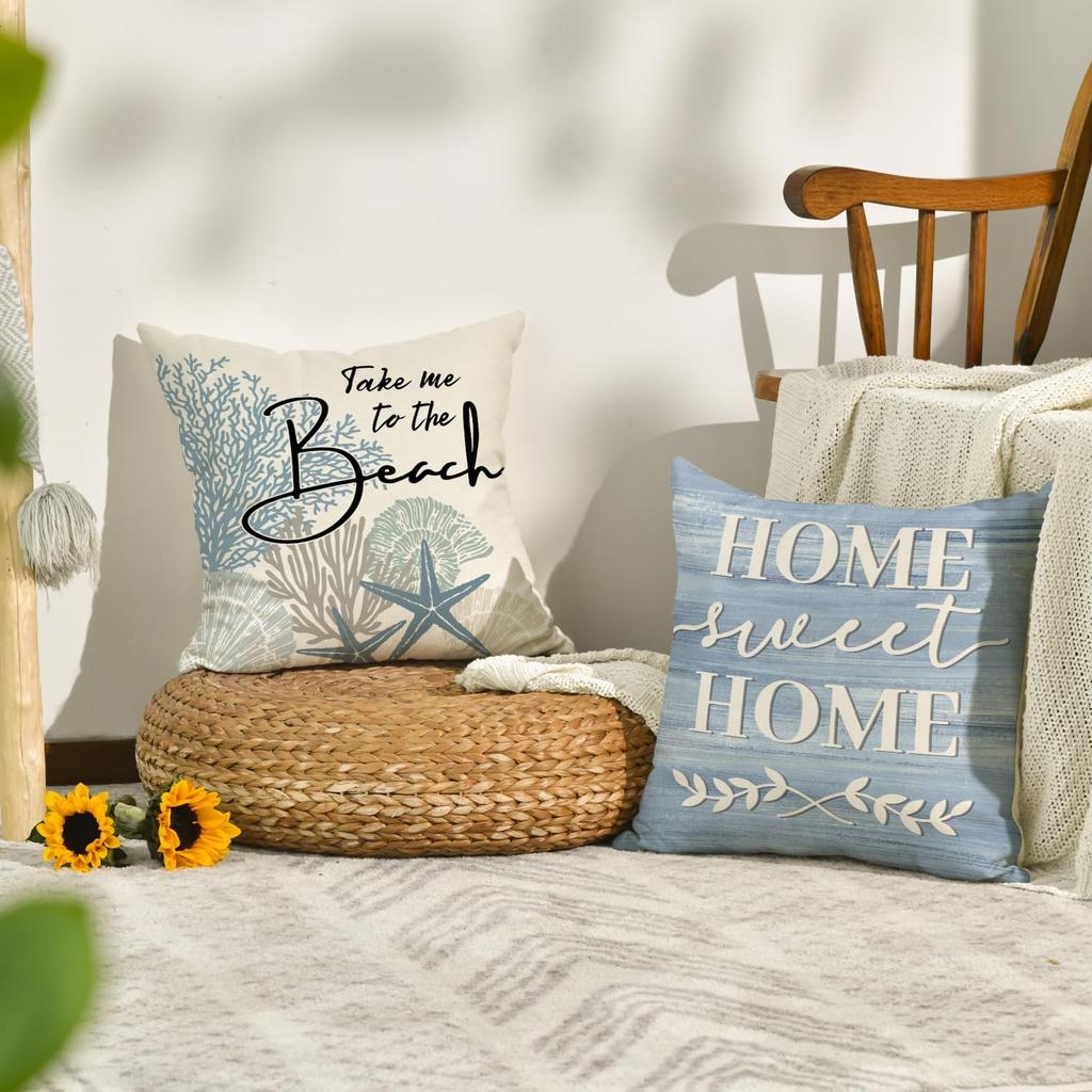 AVOIN Colorlife Summer Take Me To The Beach Coral Starfish Throw Pillow Covers, 18 X 18 Inch Home Sweet Home Motto Blue Cushion Case for Sofa Couch