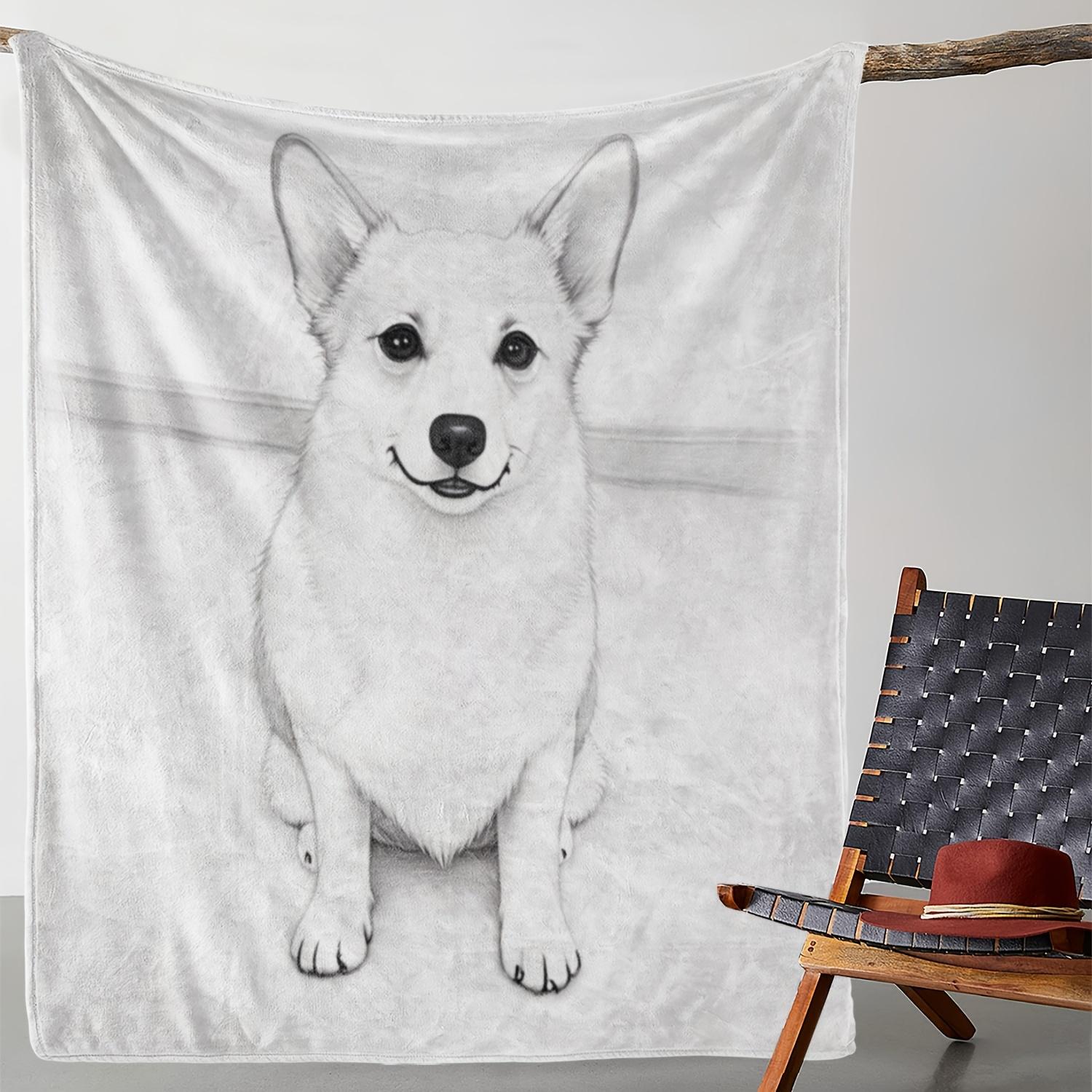 

1pc Zeal Lily Cute Corgi Puppy Blanket - Black and White Sketch, Soft Flannel All-Season Cozy Throw for Couch, Bed, Travel, Camp 75x90cm28x35in