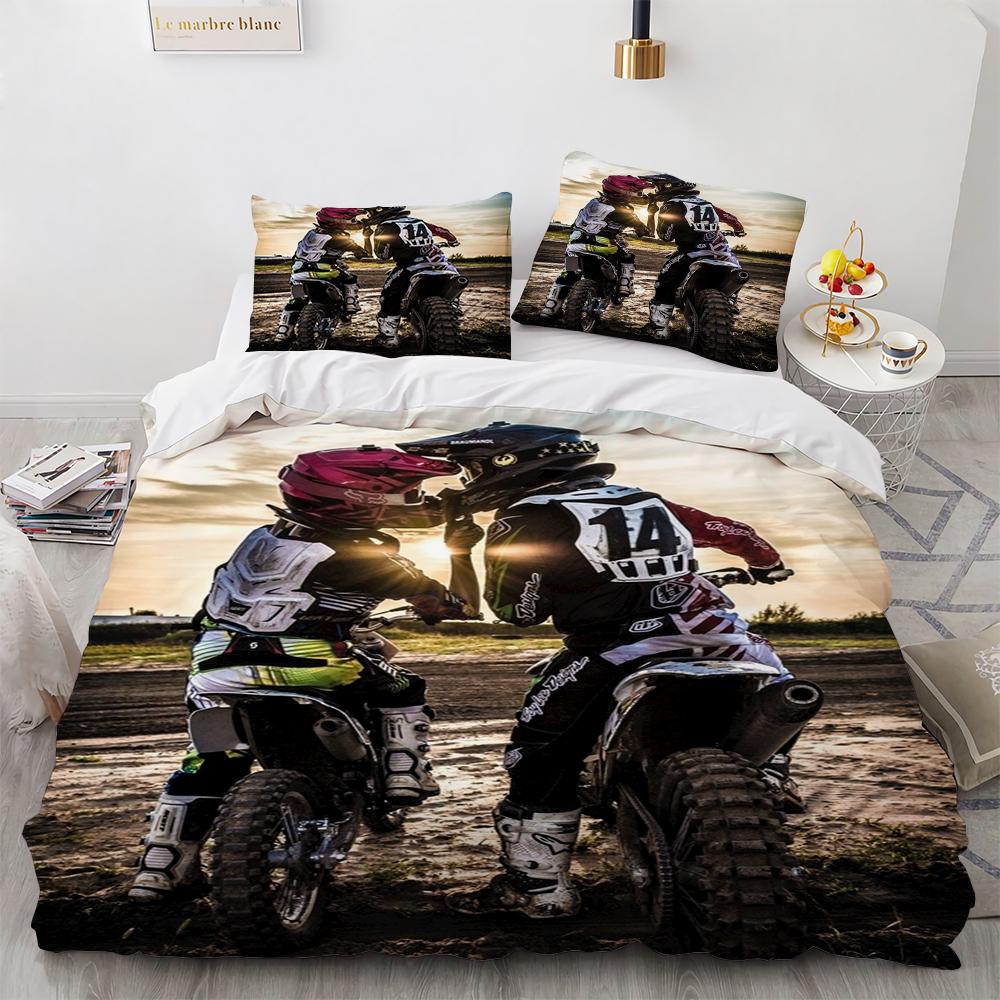 Motocross Gaming Bedding Set,Cross-Country Motorcycle Duvet Cover King Size For Teen Boys, Motorcycle Racing Car Comforter Cove