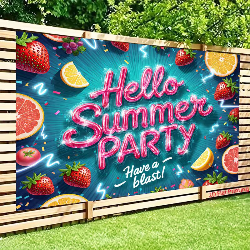 2D Teal Blue Hello Summer Party Backdrop Neon Fruits Confetti Photography Background