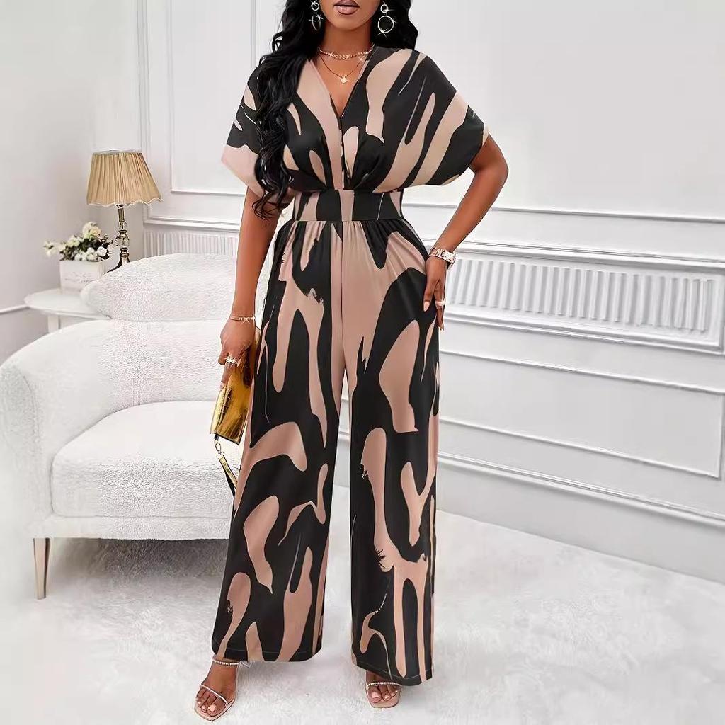 Spring/Summer Women's All-over Print Batwing Sleeve Wide-Leg Jumpsuit