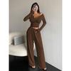 Women Sexy Fitted V Neck Long Sleeve Cropped Top Wide Leg Pants Casual Two Piece Set