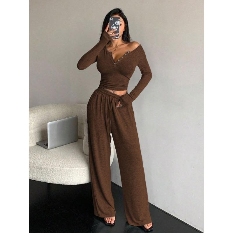 Women Sexy Fitted V Neck Long Sleeve Cropped Top Wide Leg Pants Casual Two Piece Set
