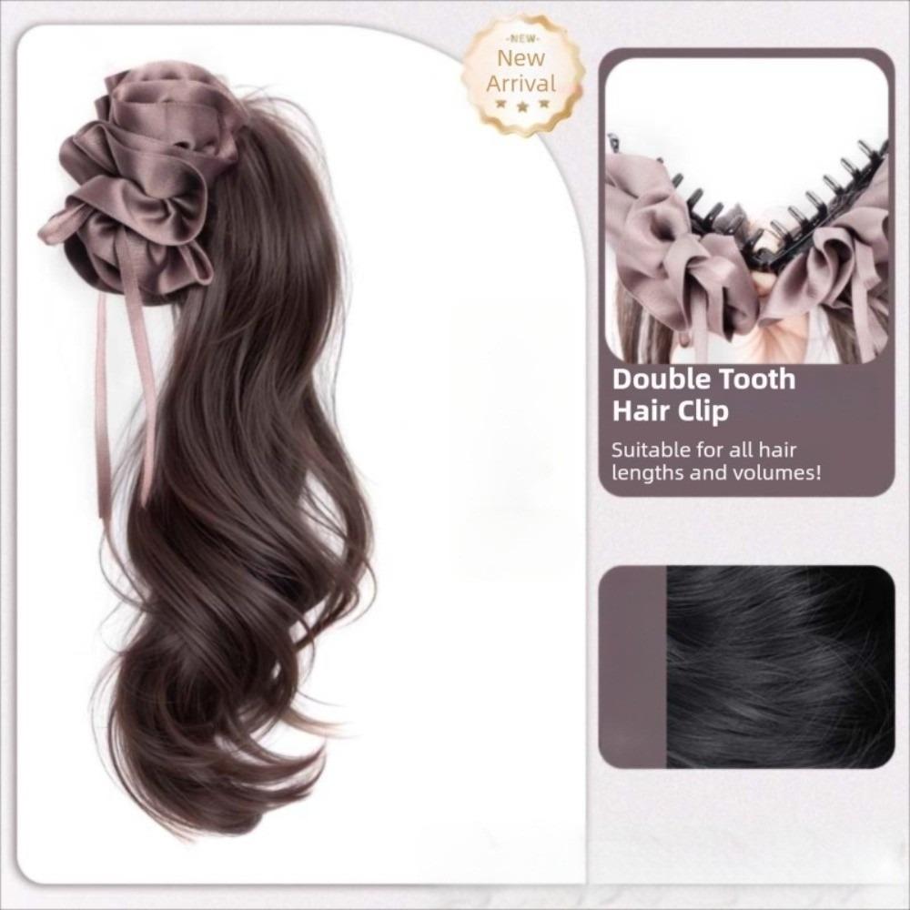 Synthetic Ribbon Banana Clip Ponytail Pleated Bow Pony Tail Hair piece  for Women