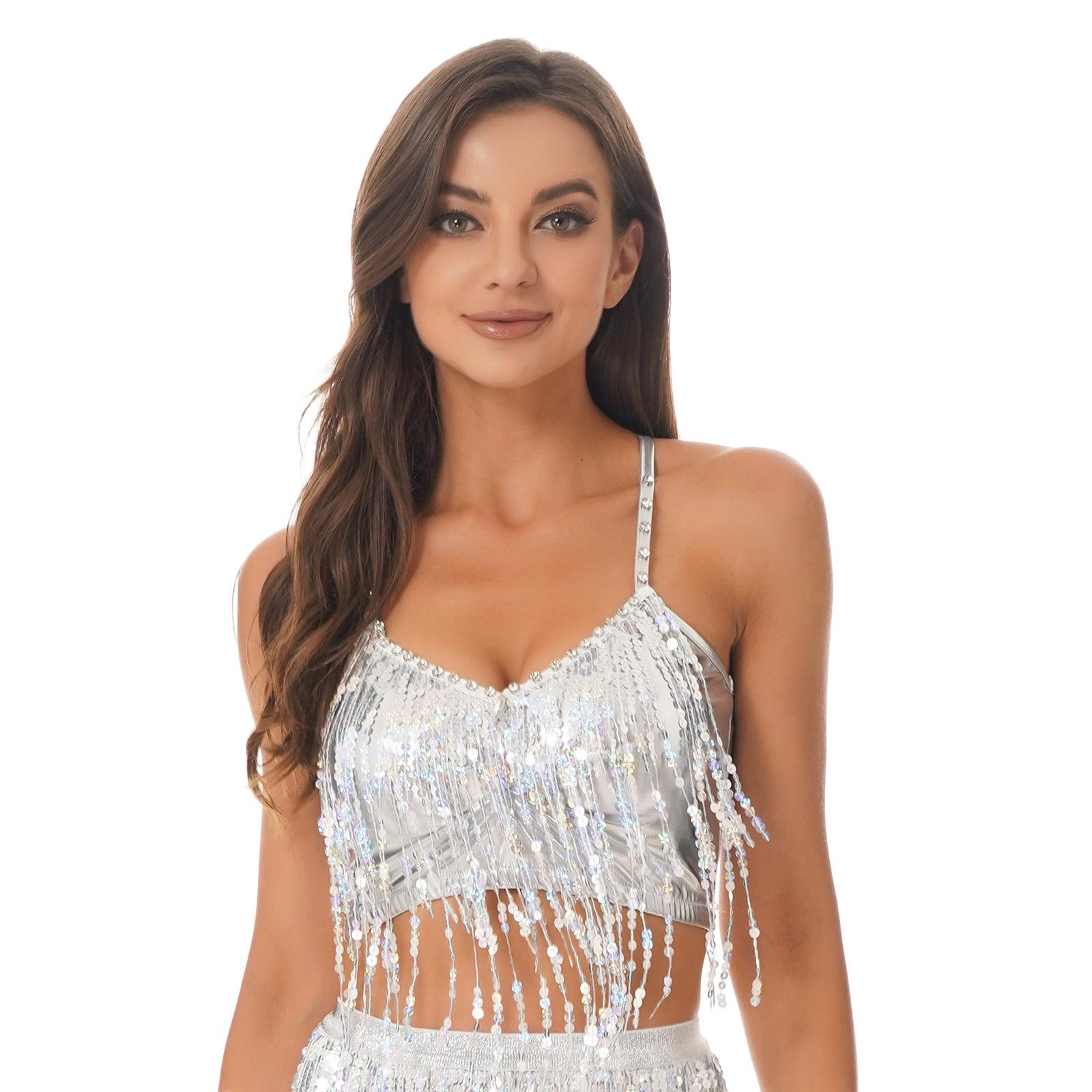 

Womens Shiny Sequin Fringed Crop Top Rhinestone V Neck Sleeveless Belly Dance Vest Performance Costume Top XL срібний